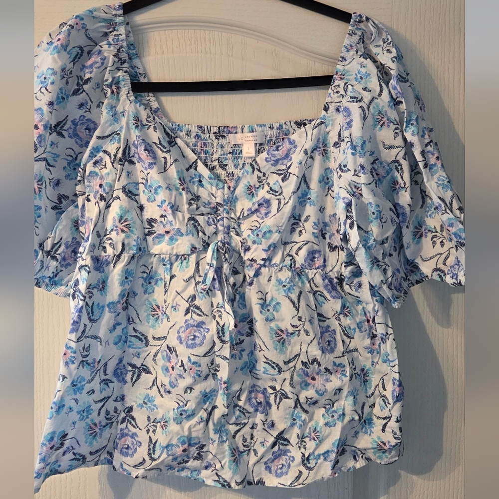LC Lauren Conrad Light Blue Floral Blouse